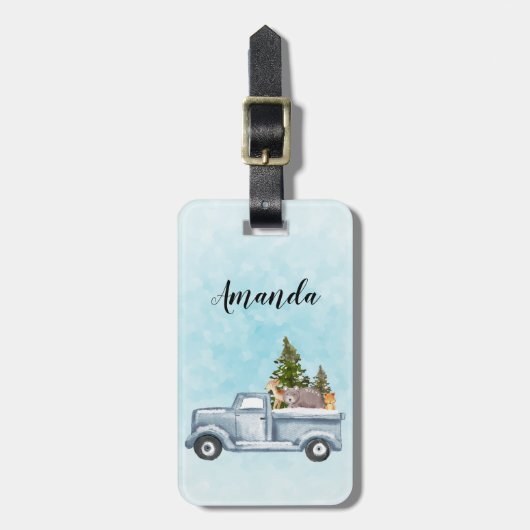 Kersttruck met pijnbomen en bosdieren bagagelabel (Voorkant verticaal)