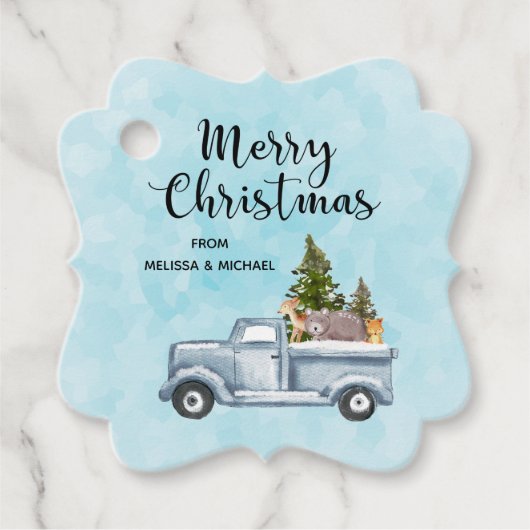 Kersttruck met pijnbomen en bosdieren bedankjes labels (Voorkant)