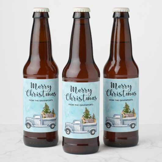 Kersttruck met pijnbomen en bosdieren bier etiket (Flessen)
