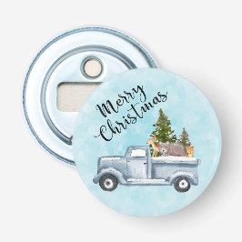 Kersttruck met pijnbomen en bosdieren button flesopener