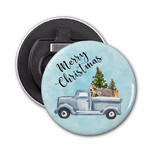 Kersttruck met pijnbomen en bosdieren button flesopener (Voorkant)