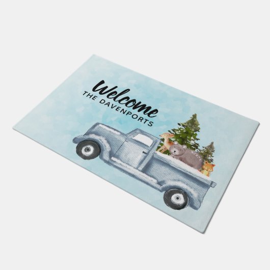 Kersttruck met pijnbomen en bosdieren deurmat (Schuin)