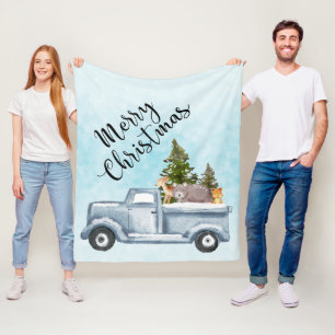 Kersttruck met pijnbomen en bosdieren fleece deken