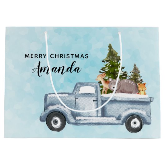 Kersttruck met pijnbomen en bosdieren groot cadeauzakje (Voorkant)