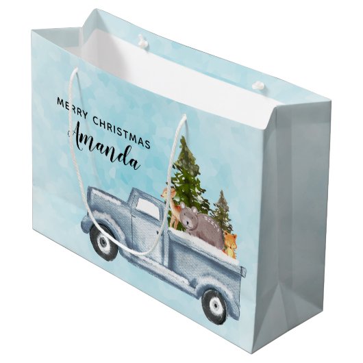 Kersttruck met pijnbomen en bosdieren groot cadeauzakje (Voorkant Gekanteld)