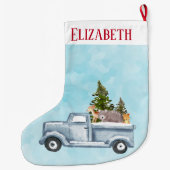 Kersttruck met pijnbomen en bosdieren grote kerstsok (Achterkant)