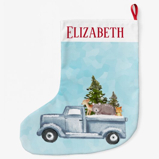 Kersttruck met pijnbomen en bosdieren grote kerstsok (Achterkant)