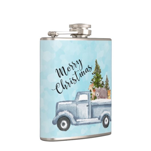 Kersttruck met pijnbomen en bosdieren heupfles (Rechts)