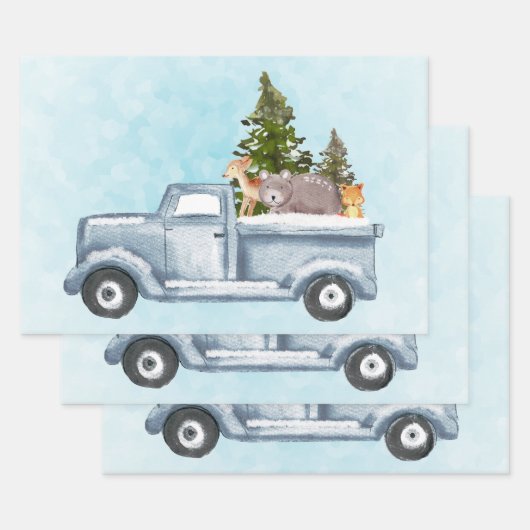 Kersttruck met pijnbomen en bosdieren inpakpapier vel (Set)