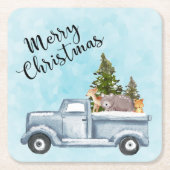 Kersttruck met pijnbomen en bosdieren kartonnen onderzetters (Voorkant)