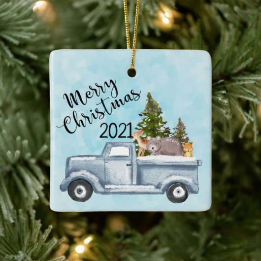 Kersttruck met pijnbomen en bosdieren keramisch ornament (Boom)