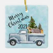 Kersttruck met pijnbomen en bosdieren keramisch ornament (Voorkant)