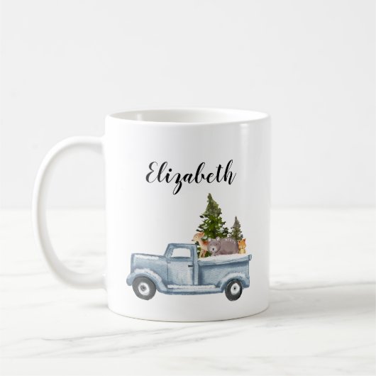Kersttruck met pijnbomen en bosdieren koffiemok (Links)