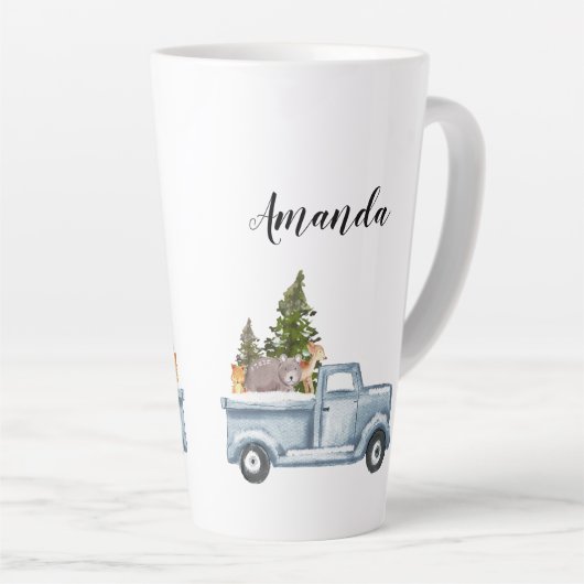 Kersttruck met pijnbomen en bosdieren latte mok (Rechterhoek)