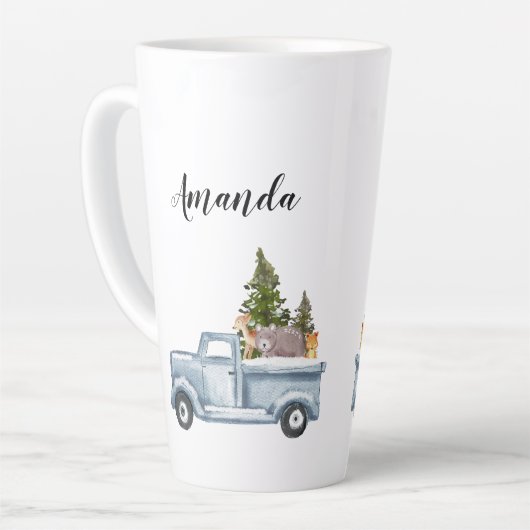 Kersttruck met pijnbomen en bosdieren latte mok (Linkerhoek)