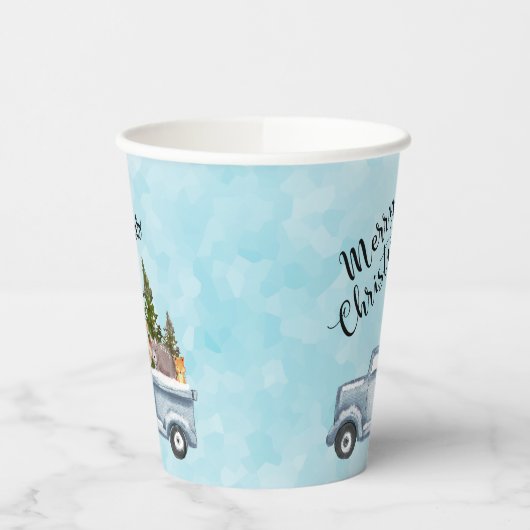 Kersttruck met pijnbomen en bosdieren papieren bekers (Links)