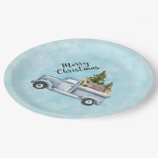 Kersttruck met pijnbomen en bosdieren papieren bordje (Gekanteld)