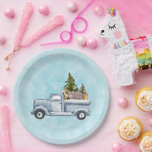 Kersttruck met pijnbomen en bosdieren papieren bordje (Feest)