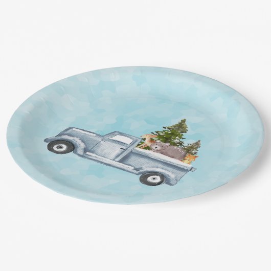 Kersttruck met pijnbomen en bosdieren papieren bordje (Gekanteld)