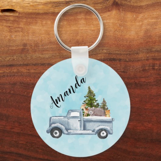 Kersttruck met pijnbomen en bosdieren sleutelhanger (Voorkant)