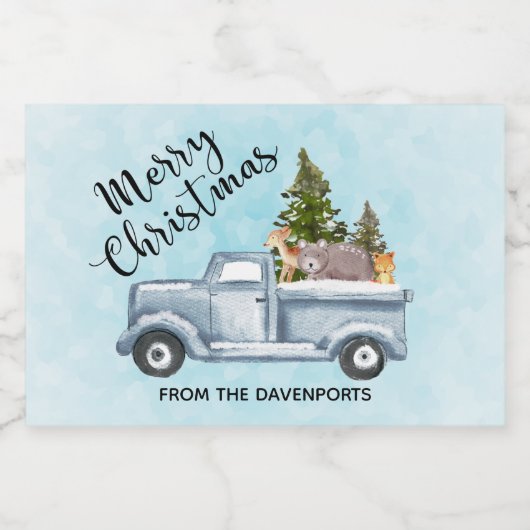 Kersttruck met pijnbomen en bosdieren sparkling wijnetiket (Enkel label)