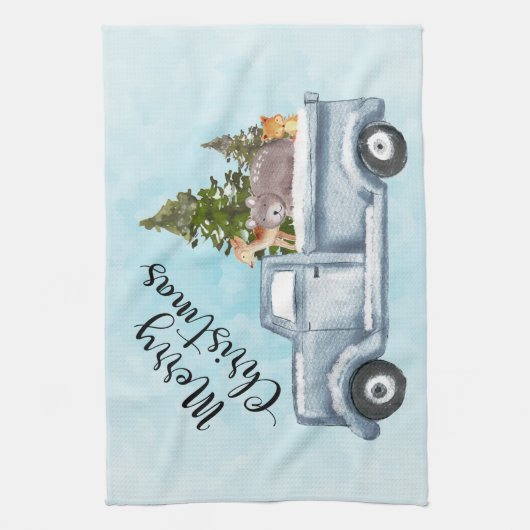 Kersttruck met pijnbomen en bosdieren theedoek (Verticaal)