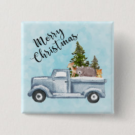 Kersttruck met pijnbomen en bosdieren vierkante button 5,1 cm