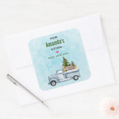 Kersttruck met pijnbomen en bosdieren vierkante sticker (Envelop)