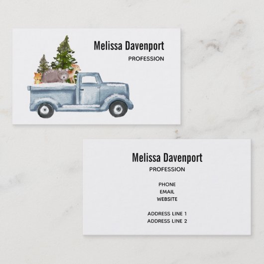 Kersttruck met pijnbomen en bosdieren visitekaartje (Voorkant / Achterkant)