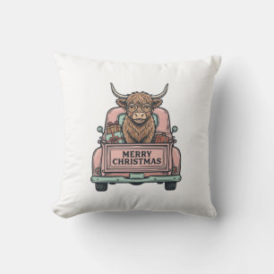 Kersttruck met Schotse Hooglandkoe Vintage Gravure Kussen