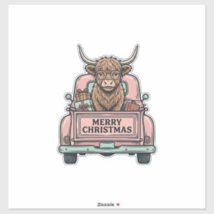 Kersttruck met Schotse Hooglandkoe Vintage Gravure Sticker