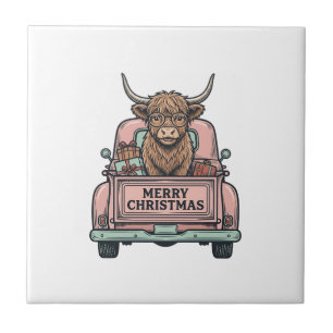 Kersttruck met Schotse Hooglandkoe Vintage Gravure Tegeltje