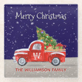 Kersttruck met sneeuw 's nachts Monogrammed Glazen Onderzetter (Voorkant)