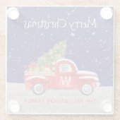 Kersttruck met sneeuw 's nachts Monogrammed Glazen Onderzetter (Achterkant)