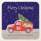 Kersttruck met sneeuw 's nachts Monogrammed Kartonnen Onderzetters (Voorkant)