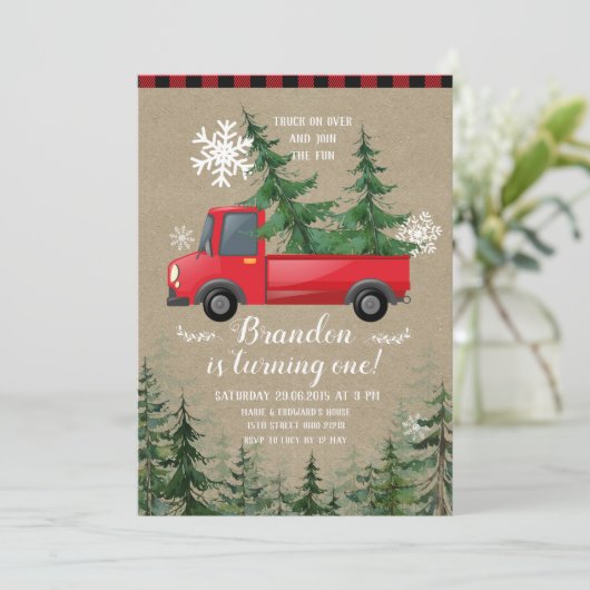 Kersttruck Rustic Plaid Verjaardag Uitnodiging (Staand voorkant)