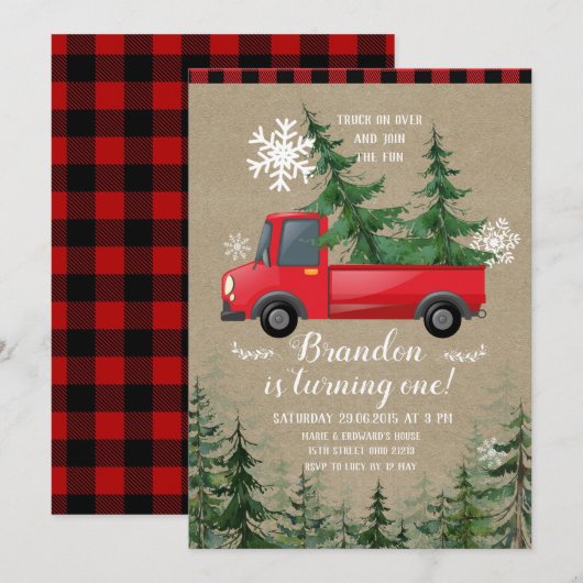 Kersttruck Rustic Plaid Verjaardag Uitnodiging (Voorkant / Achterkant)