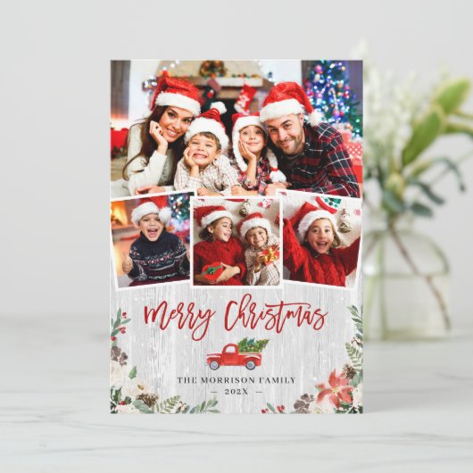 Kersttruck Rustic White Birch Bark 4 foto Feestdagenkaart (Staand voorkant)