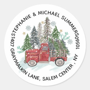 Kersttrucks met bomen en retouradres in landelijke ronde sticker
