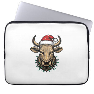 Kersttrui met koe en kerstmuts voor dames_1 laptop sleeve