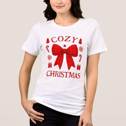 Kersttrui met rode geruite strik Tri-Blend shirt (Voorkant)