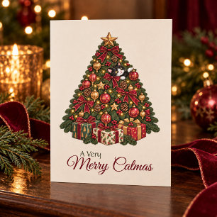 Kersttruitje in vintage kerstboom, vrolijk Catmas Feestdagenkaart