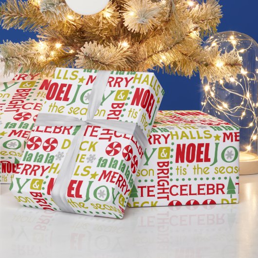 Kersttypografie, Dek de Halls, Noel, Joy, Cadeaupapier (Feestdagen)