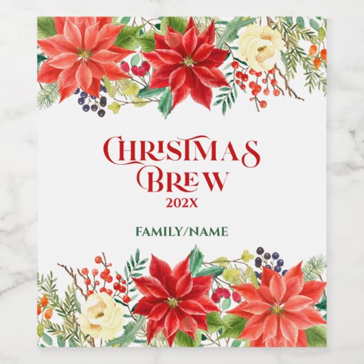 Kersttypografie en Rode Poinsettia-Koelbox Wijn Etiket (Enkel label)