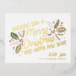 Kersttypografie met Vintage Holly Bright Folie Feestdagen Briefkaart