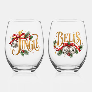 Kersttypografie paar met Jingle Bells in goud Wijnglas Zonder Voet