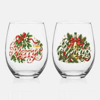 Kersttypografie paar met snoepstok Merry Spirits Wijnglas Zonder Voet