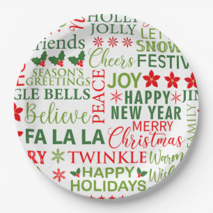 Kersttypografie Rood & Groen Naadloos Patroon Papieren Bordje
