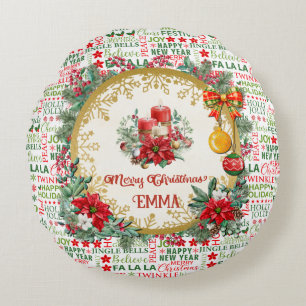 Kersttypografie Rood & Groen Naadloos Patroon Rond Kussen