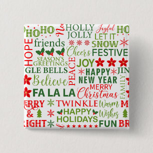 Kersttypografie Rood & Groen Naadloos Patroon Vierkante Button 5,1 Cm